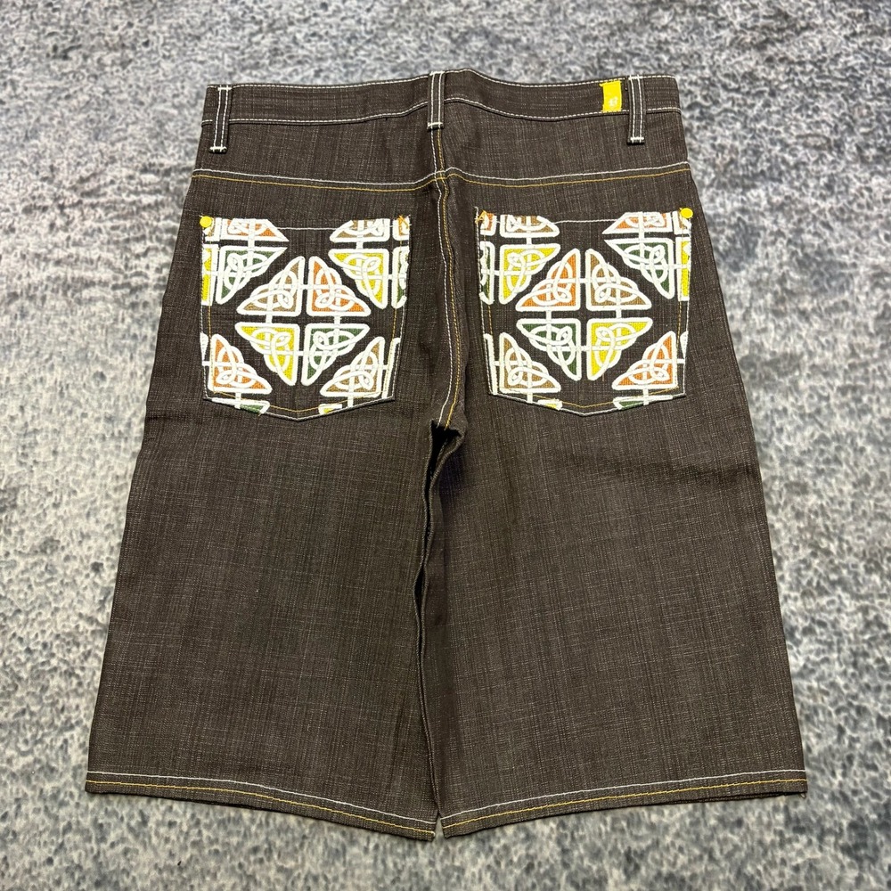 VTG Raw Blue Jorts Mens 34 Brown Embroidered Baggy Vintage Y2K Denim Shorts